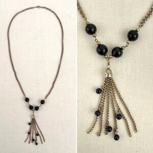 Goldtone Tassel Necklace 30 Inch Chain Navy Blue Beads Retro Style